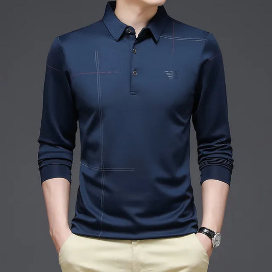 Men Polo Shirt Business Casual Long Sleeve Fit Slim Tshirt