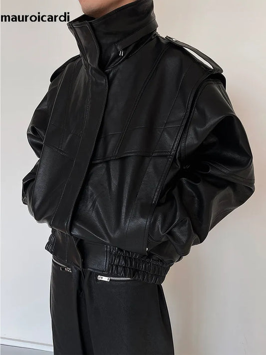 Mauroicardi Autumn Winter Oversized Cool Waterproof Windproof Black Pu Leather Jacket Men Zip Up Luxury Designer Clothes 2023